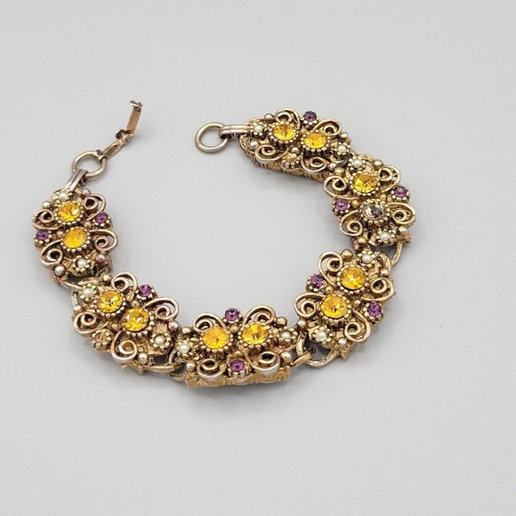 Womens Gold Tone Metal Fashion Bracelet Multicolor Rhinestones Faux Pearl 6 1/4 - Picture 3 of 8